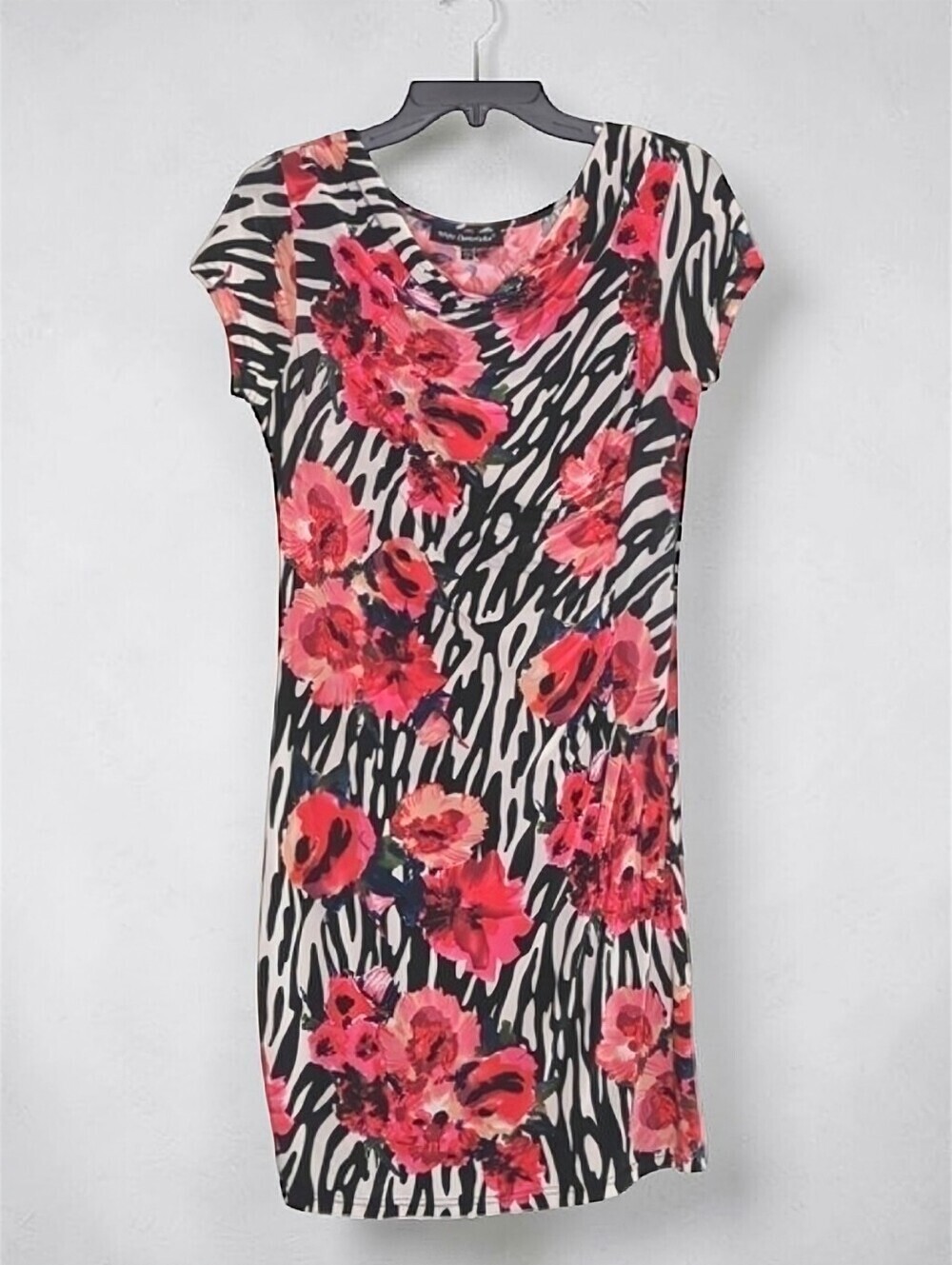 Zebra Floral Print Ruched Midi Dress Short Sleeve Size M Vibrant Colorful